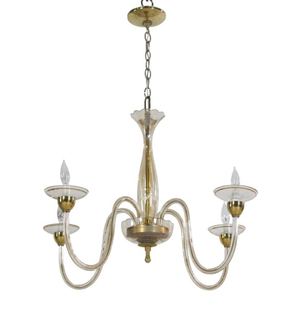 Mid-century chandelier with a baluster center shaft, four scrolling arms, and etched glass bobeches suspended from a chain.