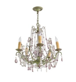 A five-arm chandelier with a muted green frame, clear and amethyst beaded crystal chains, and faceted teardrop pendants.