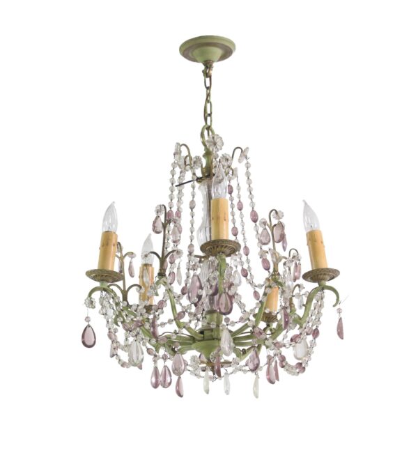 A five-arm chandelier with a muted green frame, clear and amethyst beaded crystal chains, and faceted teardrop pendants.