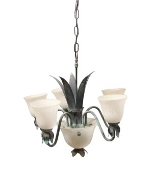 A French-style five-arm chandelier with green metal leaves, white frosted glass shades, and a chain suspension.