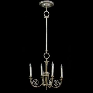 A silvered brass chandelier with four visible candle-style arms, scrolling filigree, a long suspension rod, and a tiered circular canopy.