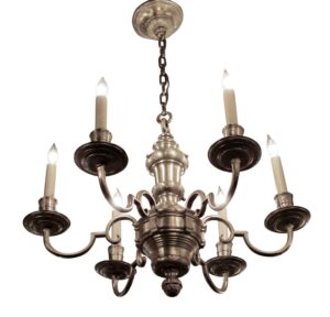 Georgian-style chandelier with six curved arms, a chain suspension, and candle-style bulbs, shown in a silvered bronze finish.
