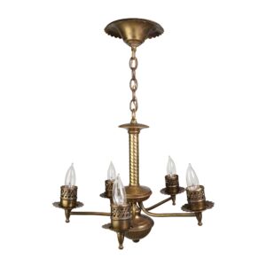 Antique brass five-arm chandelier with candle-style sockets, a twisted center column, and scalloped pierced galleries.