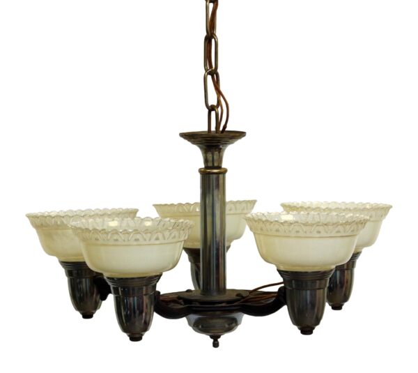 Chandeliers - Art Deco 5 Arm Slip Shade Chrome Chandelier