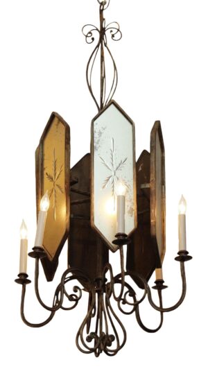 Art Deco six-arm chandelier with etched mirrored glass panels and wrought iron scrollwork.