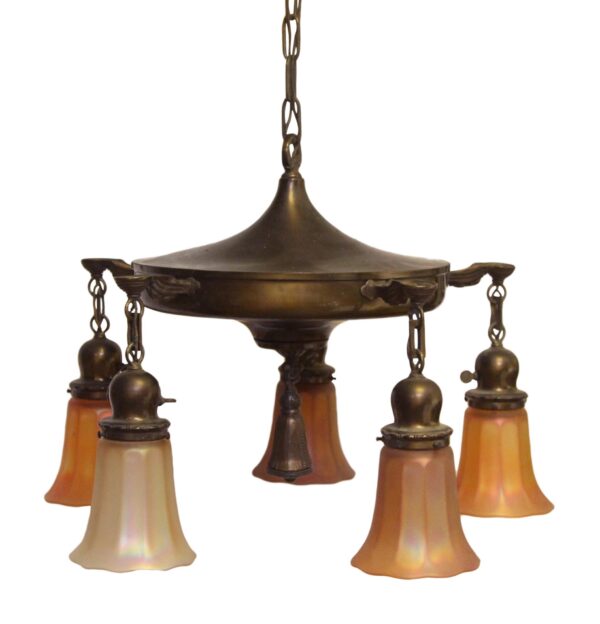 Chandeliers - Five Down Light Brass Chandelier with Art Glass Shades