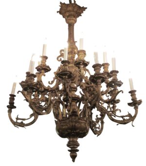 Antique bronze chandelier with eighteen curving arms, ornate bobeches, and candle-style sockets shown in a front view.