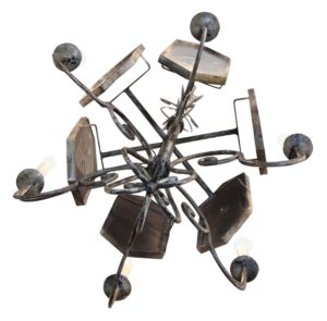 Art Deco six-arm chandelier with wrought iron scrollwork and mirrored glass panels, shown from below.