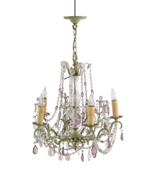 1970s Italian five-arm chandelier with a muted green frame, clear and amethyst crystal bead strands, faceted teardrop pendants, and candle-style sockets.
