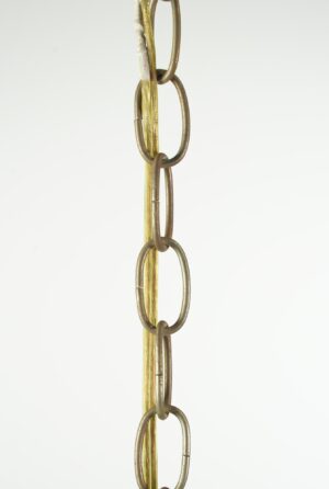 Close-up of the antique brass chain suspension and clear beveled glass panels on a drum chandelier.