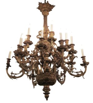 Antique bronze chandelier with eighteen arms and candle-style sockets in a multi-tiered Rococo design.