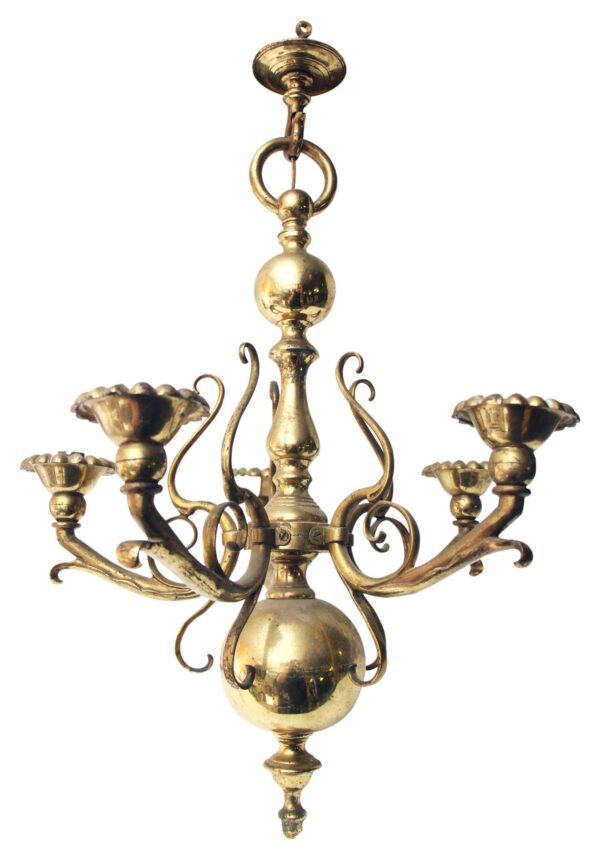 Art Nouveau five-arm chandelier in polished bronze with curving arms and candle-style holders.