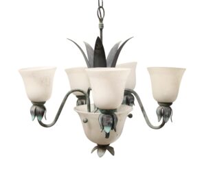 Five-arm chandelier with white frosted glass shades and green metal leaf details.