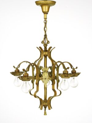 Chandeliers - Spanish Revival 5 Arm Exposed Bulbs Cast Iron Chandelier