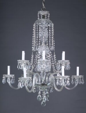 Clear 10-arm crystal chandelier with hanging prisms and candle-style lights, shown in a front view.