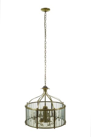 Traditional brass chandelier with a drum-shaped frame, clear beveled glass panels, and a long chain suspension.