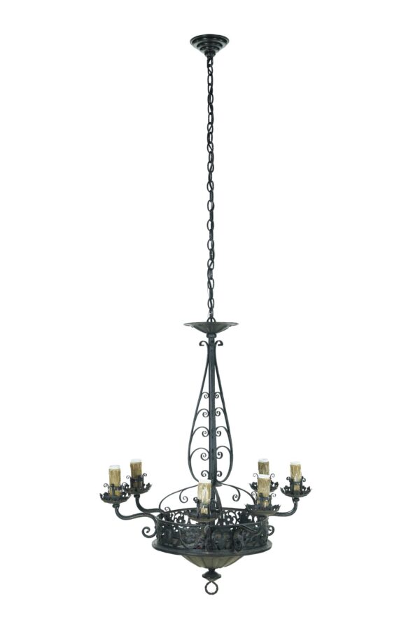 Chandeliers - Vintage 1940s French 6 Arm Black Wrought Iron Chandelier