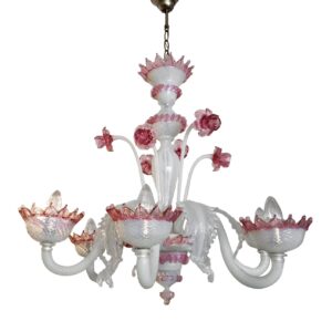 Chandeliers - Vintage 6 Arm Murano Pink & White Opaline Glass Floral Chandelier