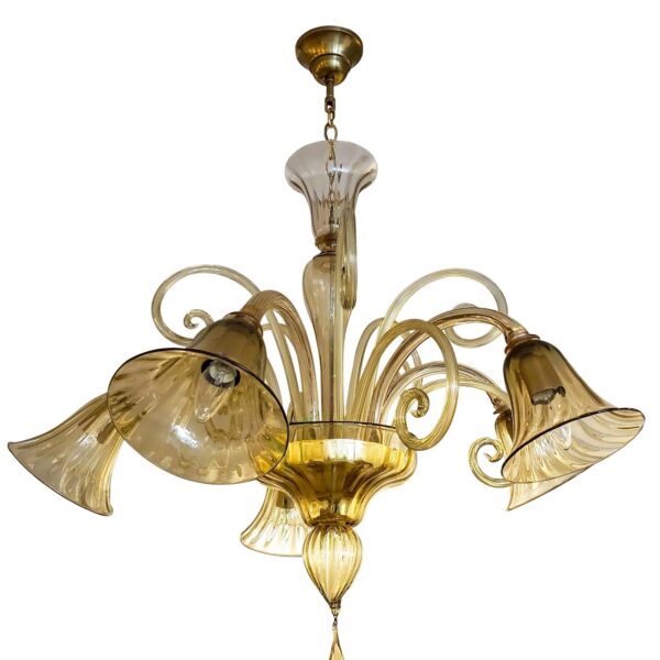 Chandeliers - Vintage Amber 5 Arm Murano Calla Lily Shades Chandelier