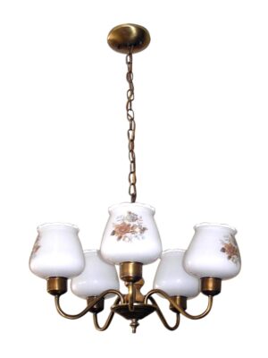Five-arm chandelier with floral glass shades and a hanging chain.