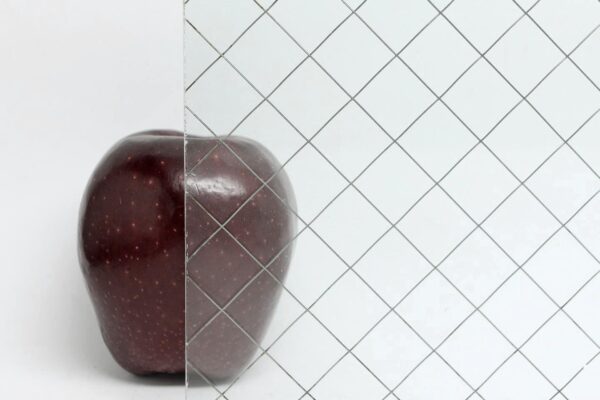 Clear chicken wire glass panel with a diamond square wire pattern shown in close-up.
