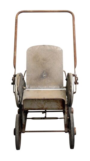 Vintage baby stroller with a tall push handle and large spoked wheels, shown front on.
