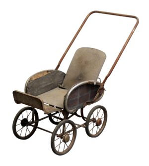 Vintage baby stroller with a medium wood tone and steel frame, shown in a three-quarter view with four spoked wheels and a tall curved handle.