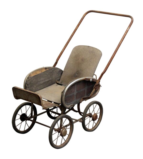 Vintage baby stroller with a medium wood tone and steel frame, shown in a three-quarter view with four spoked wheels and a tall curved handle.