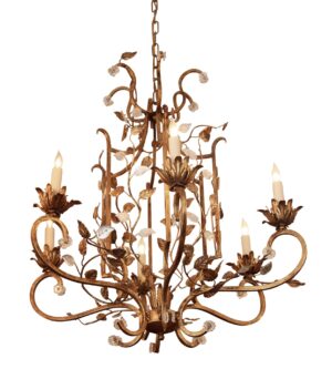 Bagues style six-arm chandelier with a gold finish, wrought iron floral scrollwork, and crystal leaves.