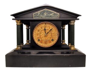 Clocks  - Ansonia Marble Mantel Clock with Brass & Greek Detailing