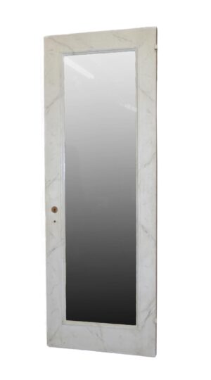 Tall mirrored closet door with a white-painted frame and a single full-length mirror panel.