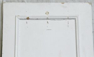White wood closet door with one recessed panel, shown in close-up with chipped paint and small mounting holes near the top.