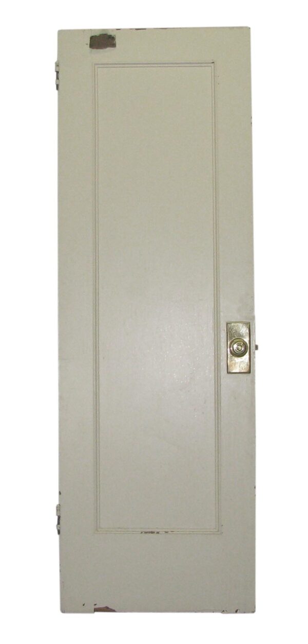 Vintage white wood closet door with one raised panel and a round knob plate shown front view.