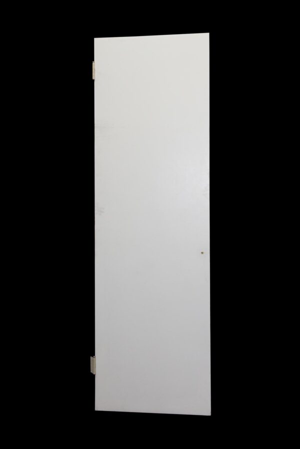 White painted wooden closet door shown frontally with a plain flat surface and visible hinges on the left side.