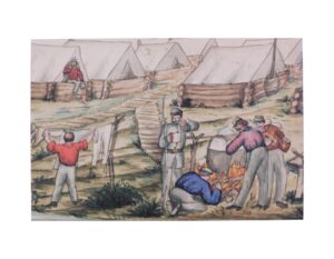 Vintage Civil War postcard illustration of soldiers in a camp with tents, laundry lines, and a cooking fire, shown as a multi-color paper print.
