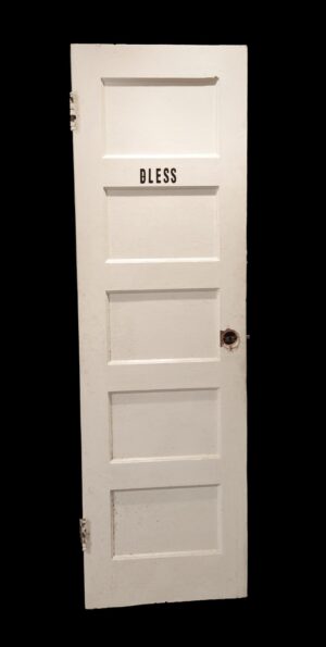 Vintage white wooden passage door with five horizontal panels, shown with included hardware and the word “BLESS” on the center panel.