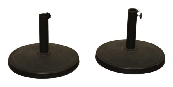 Pair of black metal bases for flag poles or umbrellas, shown as a pair with upright center tubes and adjustment knobs.