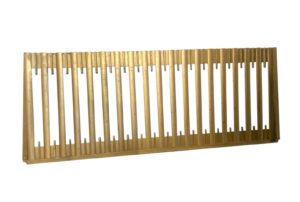 Gold Art Deco elevator gate transom with evenly spaced vertical bars and small hooked details along the top and bottom rails.