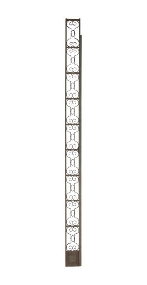 Tall wrought iron trim piece with repeating scrollwork and a small decorative panel at the bottom.