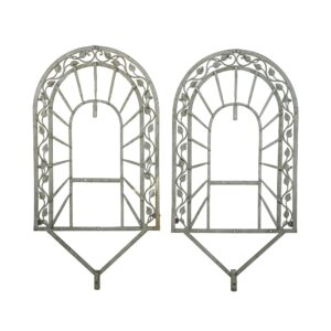 Pair of gray wrought iron arched wall accents with leaf and vine detail, shown as a matched pair with some rust visible.