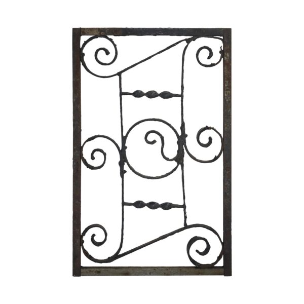 Wrought iron panel with a rectangular frame, curved corner scrolls, and twisted center details.