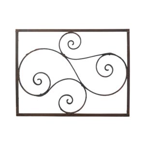 Wrought iron gate panel with curled spiral details inside a rectangular frame.