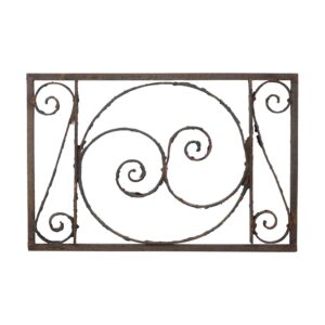 Rectangular wrought iron gate panel with curled spiral scrollwork in a solid frame, shown front on with visible age rust and wear.