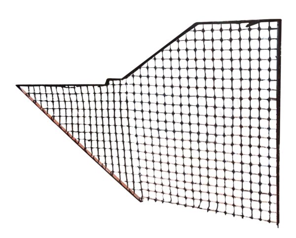 Woven iron screen with a triangular left section and a larger right section, showing the riveted wrought iron grid from the front.