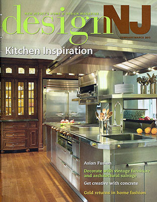 Design NJ magazine cover shows a modern kitchen with vintage items, stainless steel appliances, wood floors, and retro cabinets. Headlines highlight kitchen inspiration and decorating ideas.