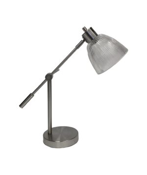 Adjustable desk lamp with a clear prism glass shade and brushed nickel finish, shown in profile with the articulated arm and round base visible.