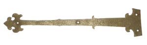 Twenty-four-inch hammered antique door strap hinge with an ornate end plate and multiple mounting holes, shown horizontally.