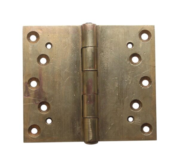Antique brass butt door hinge with five knuckles and a staggered hole pattern shown in a front view.
