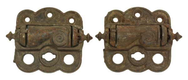 Pair of worn antique door hinges with spring screen design, shown side by side, featuring cast iron construction and multiple mounting holes.