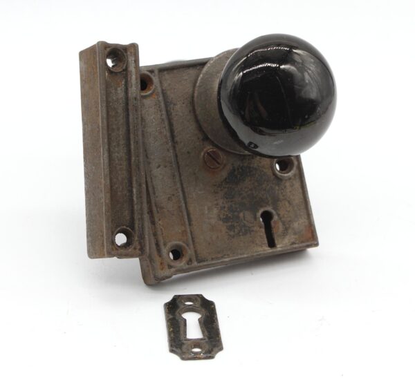 Door Knob Sets - Complete Black Porcelain Door Knob & Cast Iron Rim Lock Set